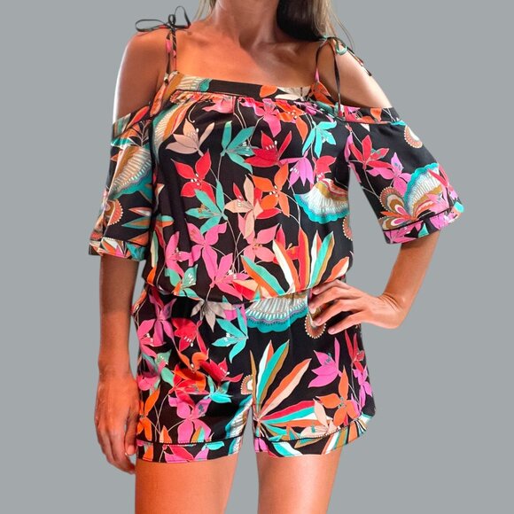 TRINA TURK 100% SILK PALM BUTTERFLY PRINT ROMPER - Picture 1 of 9
